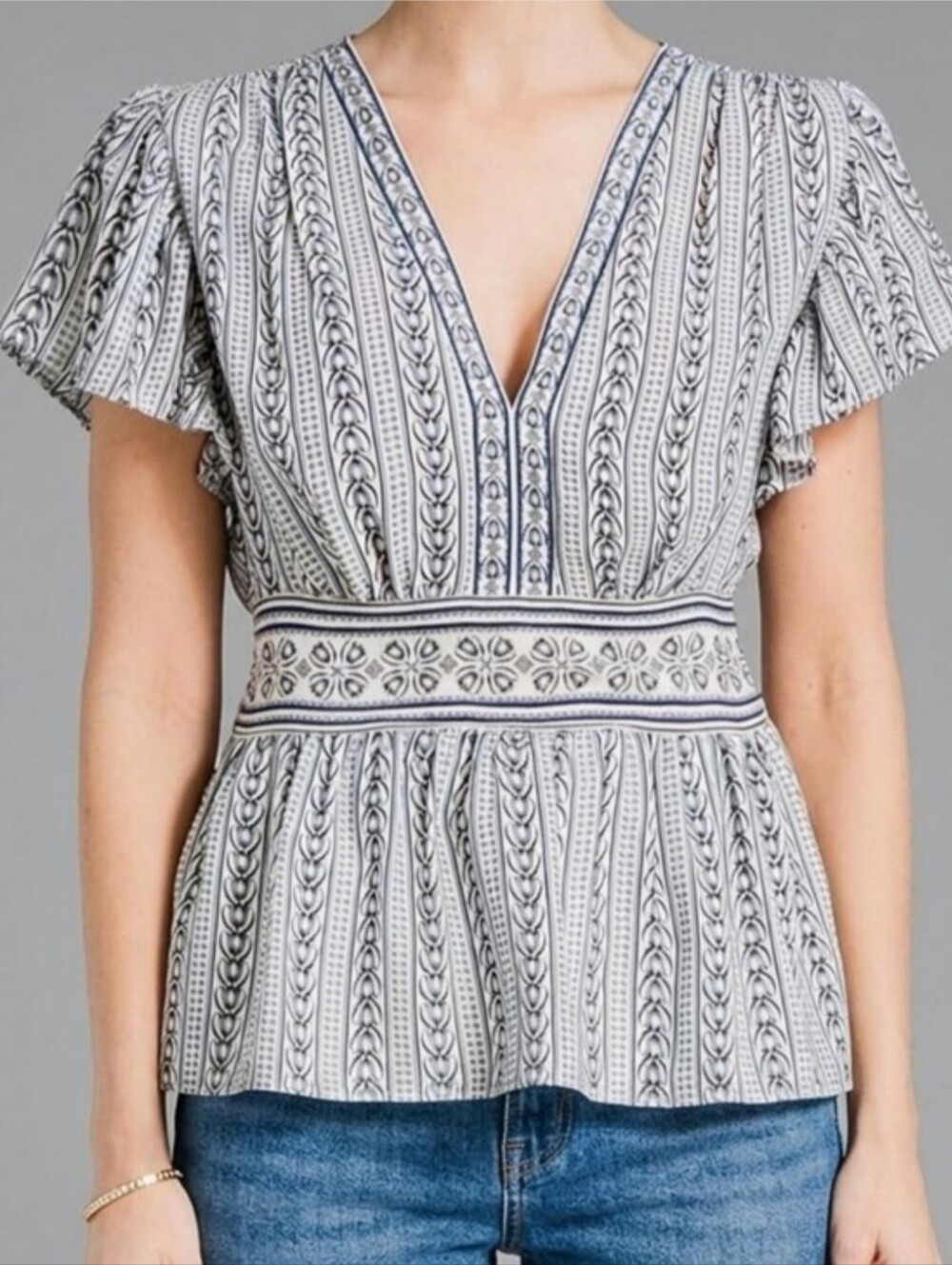 Max Studio Blue/Cream Crepe Peplum Blouse Size Large